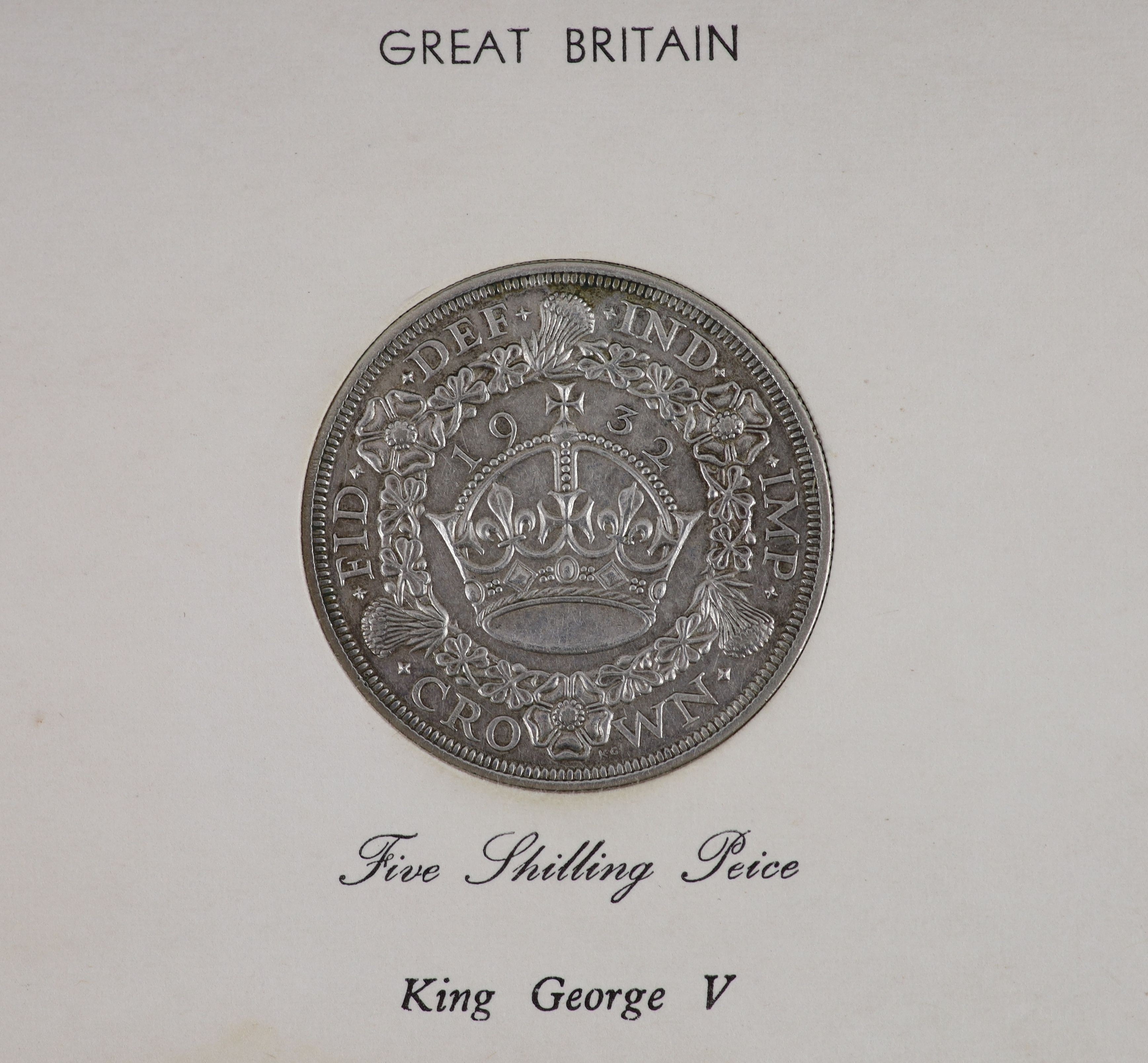 A George V specimen set of nine coins, 1932, fourth coinage, comprising Crown, (S4036), cleaned otherwise about EF, halfcrown and florin, cleaned otherwise good VF or better, shilling, sixpence and threepence, cleaned ot